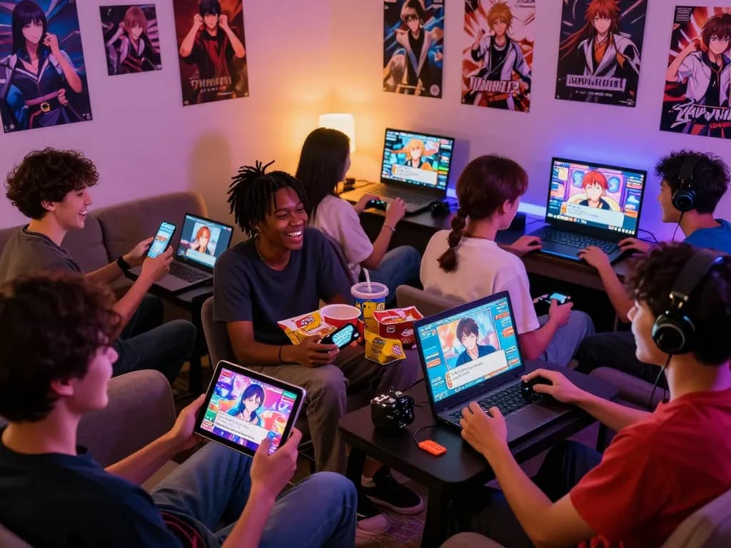 Players enjoying diverse porno games on devices in a vibrant gaming room.