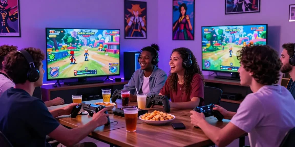 Exciting moment with friends playing free hentai games in a lively gaming room atmosphere.