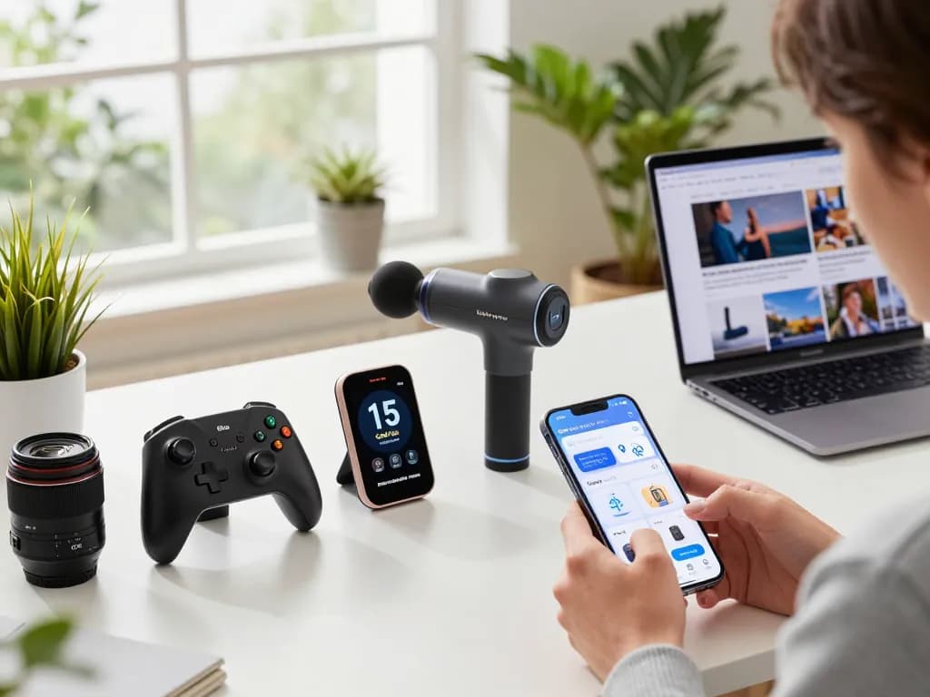 Explore the latest tech gadgets 2083 in a modern workspace scene featuring Bluetooth devices and applications.