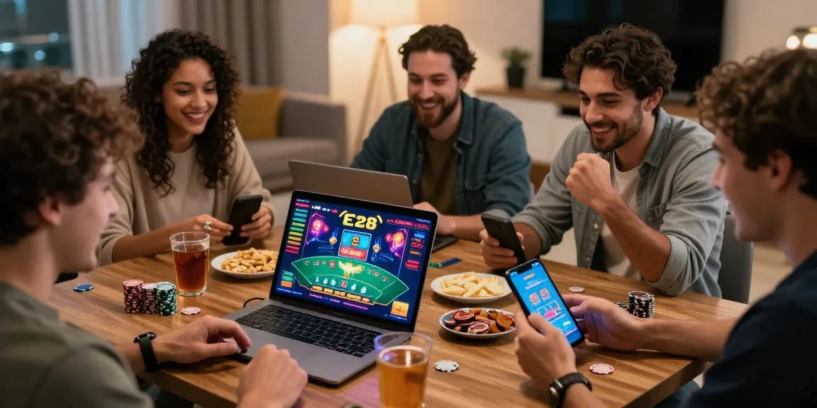 Friends enjoying an online casino game on E28, celebrating wins in a lively home setting