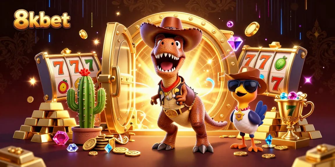 Experience thrilling gaming at 8kbet with a vibrant illustration showcasing cartoon characters and slots.