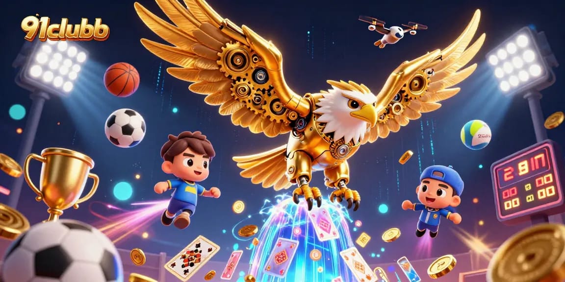 Experience the excitement of 91clubb as a golden eagle dives through dynamic holographic cards amidst vibrant sports elements.