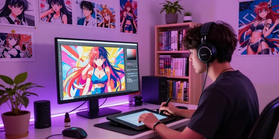 Dynamic artist creating ai ecchi illustrations in a vibrant workspace, showcasing creative technology.