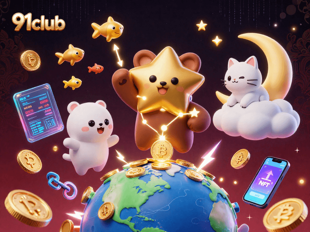 Engage with 91club's thrilling gaming experience in a vibrant, cartoonish casino scene.