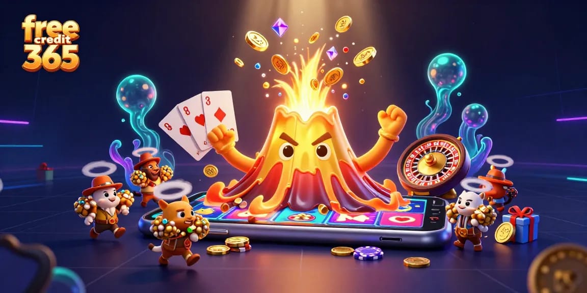 Experience the thrill of free credit 365 with a golden volcano erupting coins as tiny explorers grab treasures.