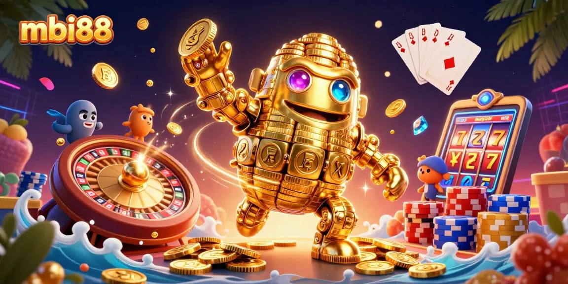 Engage with thrilling gaming at mbi88 through an exciting 3D casino illustration depicting vibrant slot elements and golden treasures.