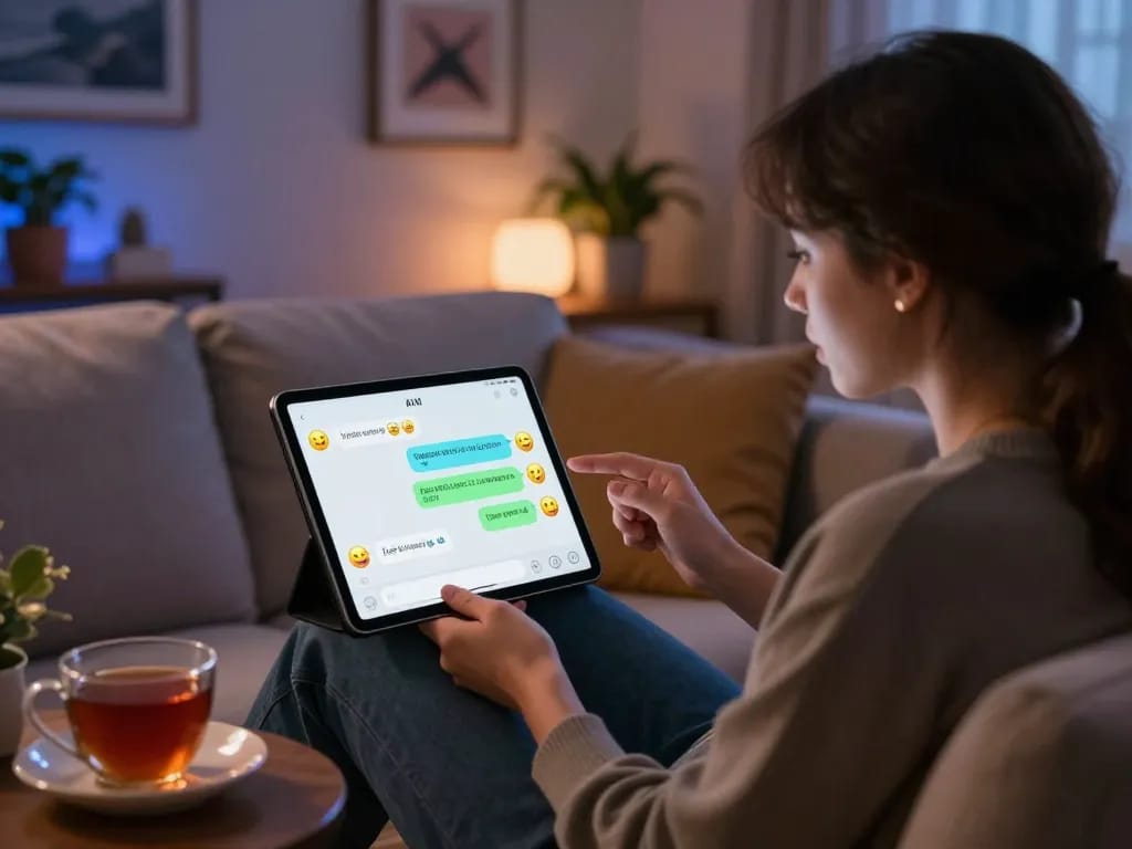 Cozy living room scene depicting a person enjoying ai sex chat with an AI chatbot on a tablet.