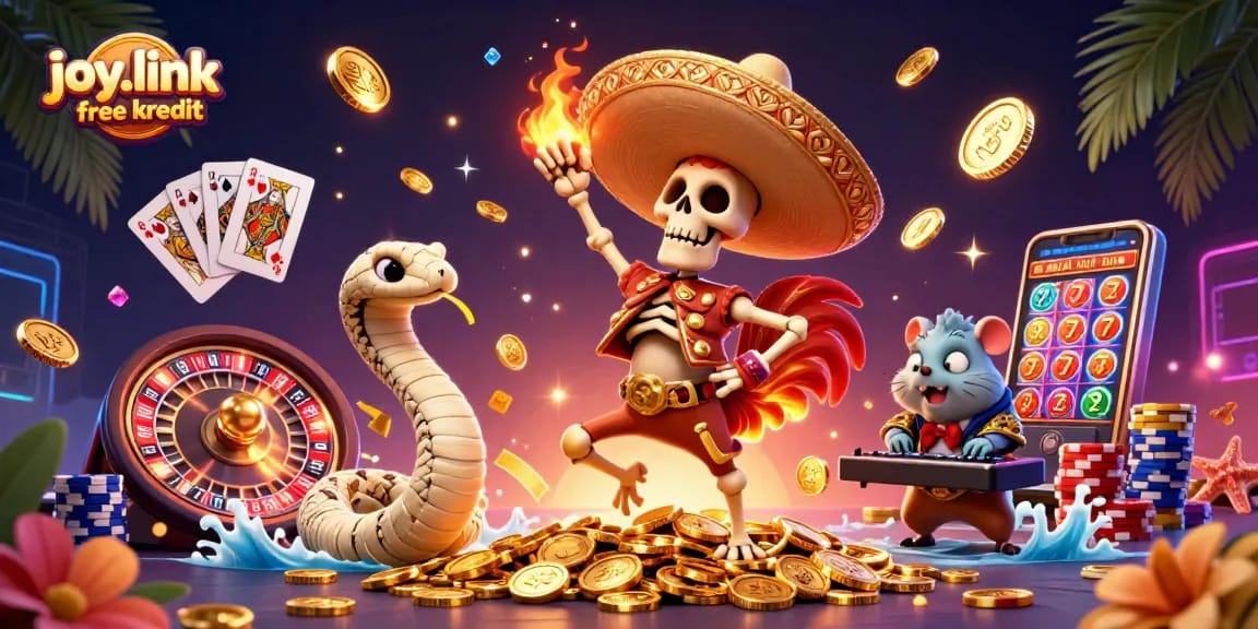 Win big with joy.link free kredit featuring a vibrant casino scene of 3D characters and dynamic game elements.