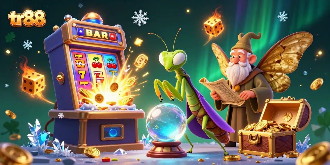 Experience thrilling wins at tr88 with cartoon characters celebrating a massive slot machine jackpot.