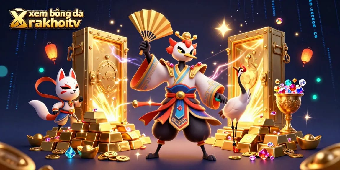 xem bóng đá rakhoitv with a dynamic kabuki warrior and treasure elements in a vibrant 3D scene.