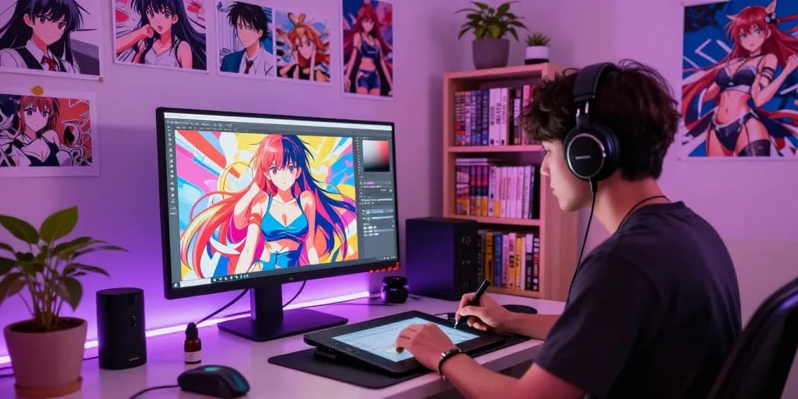 Dynamic artist creating ai ecchi illustrations in a vibrant workspace, showcasing creative technology.