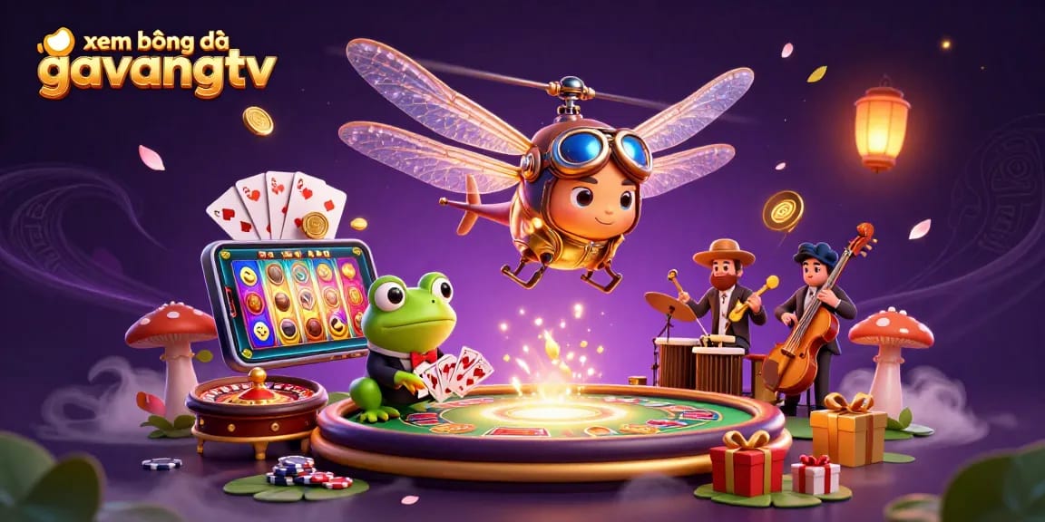xem bóng đá gavangtv showcasing lively casino action with vibrant characters and dynamic game symbols