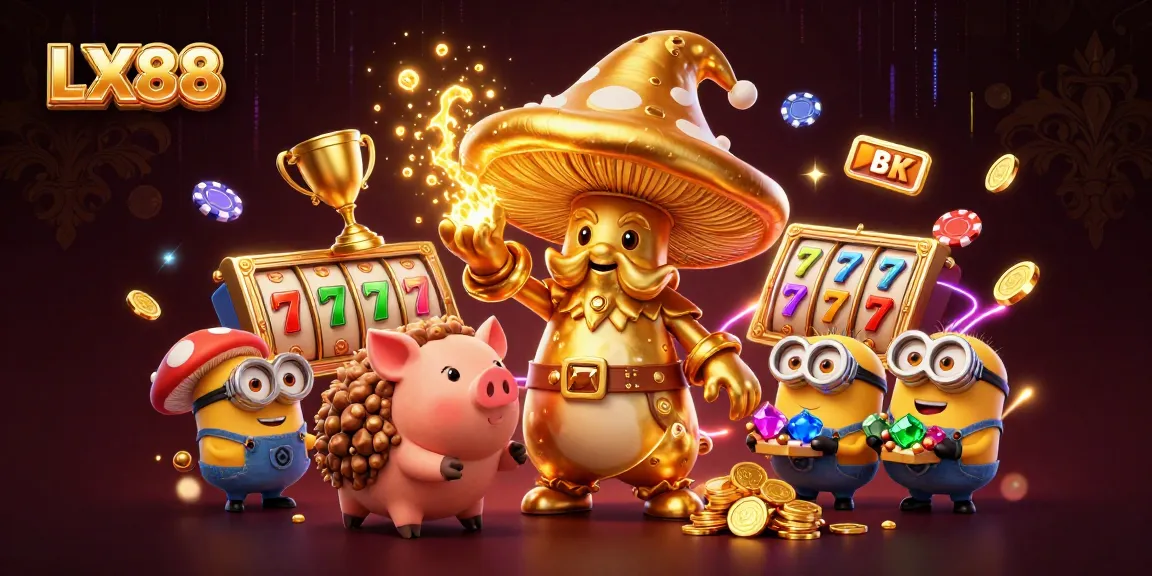 Engage with LX88's thrilling casino adventure featuring magical characters amidst slot reels and gold coins.