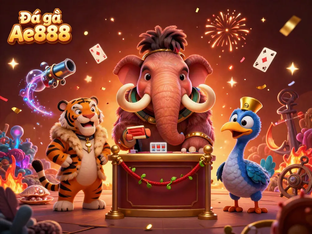 Engage in thrilling Đá gà Ae888 matches with vibrant 3D illustration showcasing the excitement of cockfighting.