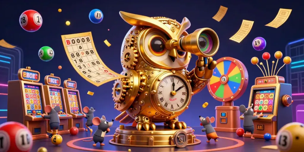 Engage with mega888rtp's vibrant casino scene featuring a golden owl and lively elements.