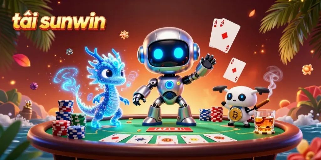 Experience excitement and fun with tải sunwin in this vibrant casino illustration featuring a cool cyberpunk robot.