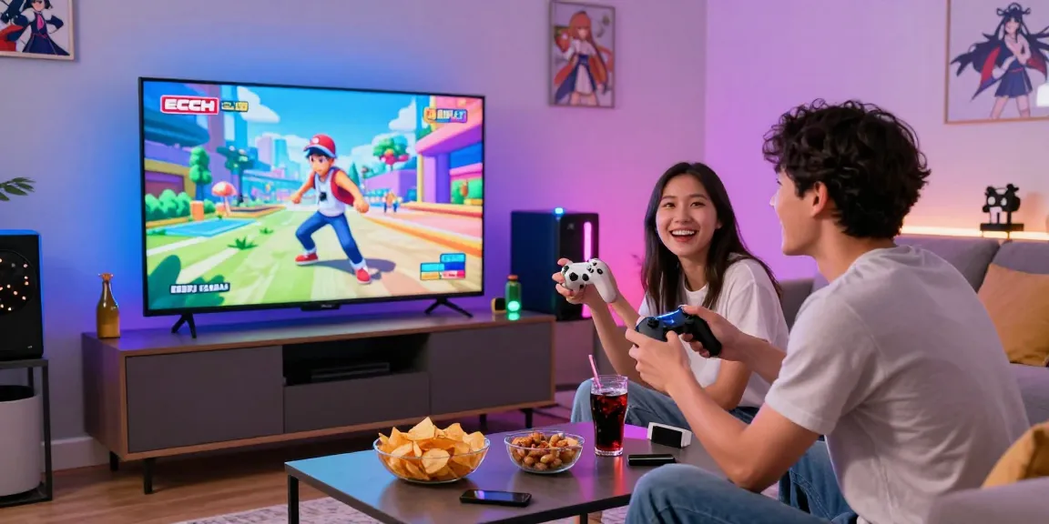 Friends enjoying an ecchi simulator game in a colorful living room.