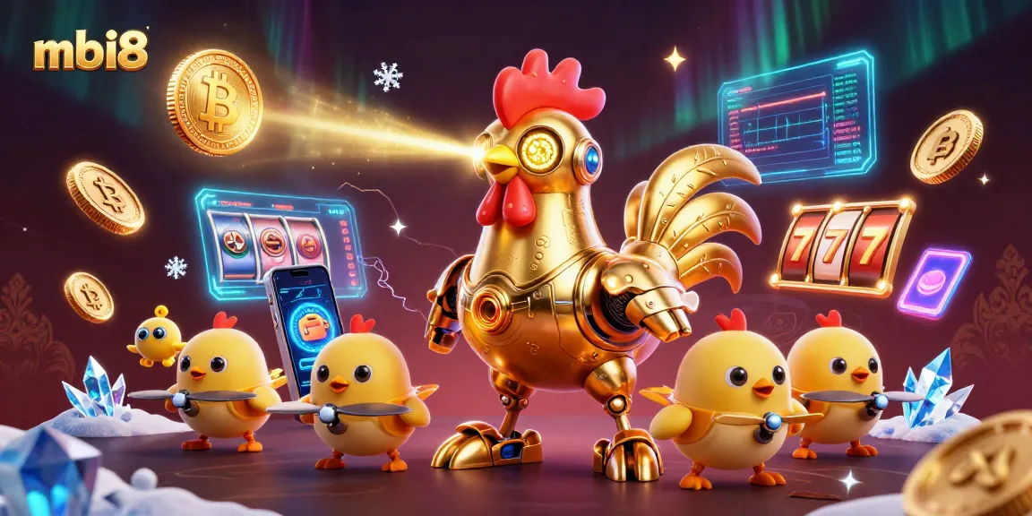 Engage with mbi8, the online casino, featuring a golden rooster robot in a vibrant, dynamic 3D scene.