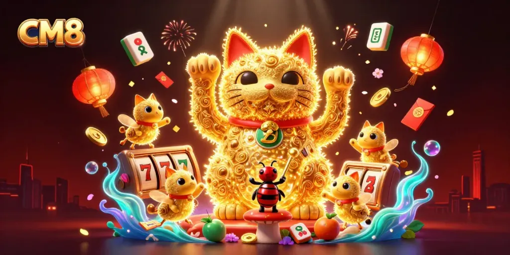Play exciting games with CM8's giant lucky cat and colorful casino symbols in this vibrant illustration.