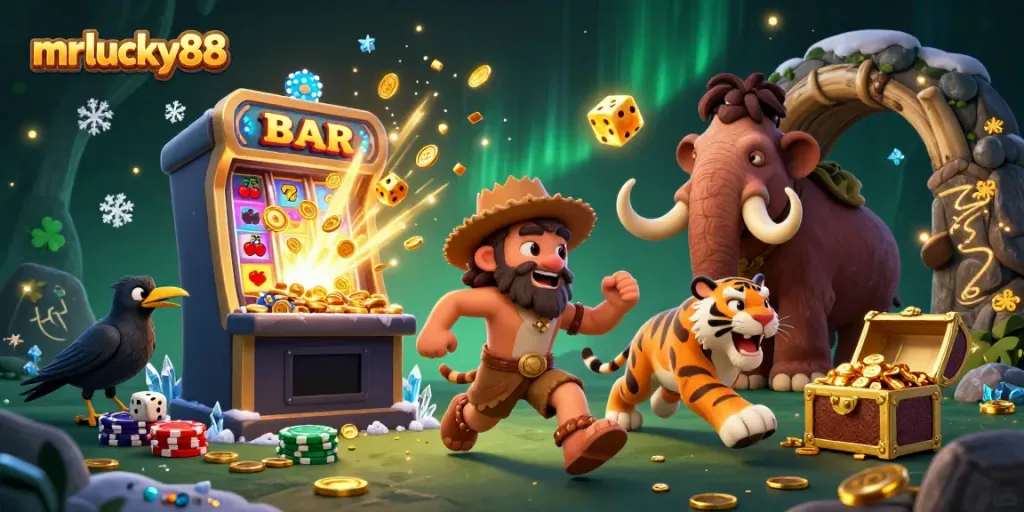 Join the fun with mrlucky88, featuring casino adventures with caveman and sabertooth characters.