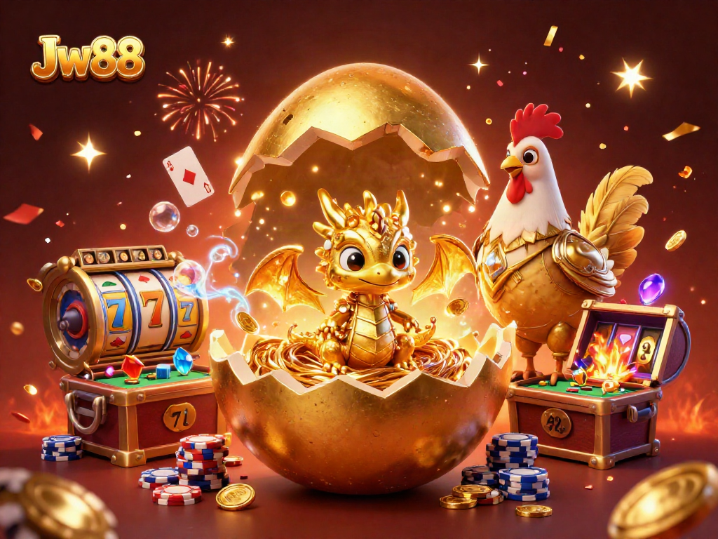 Engage in thrilling gaming action at Jw88 with a vibrant 3D casino illustration, showcasing excitement and rewards.