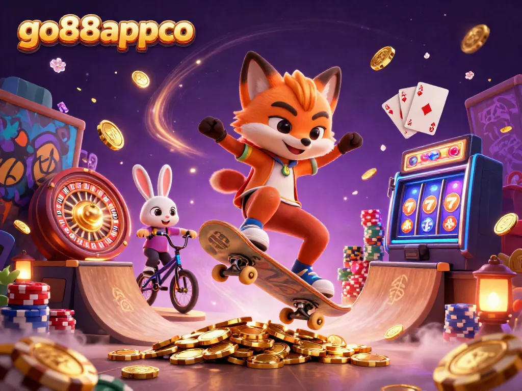 Experience the thrill of go88appco as a fox and rabbit play among golden casino elements in a vibrant scene.