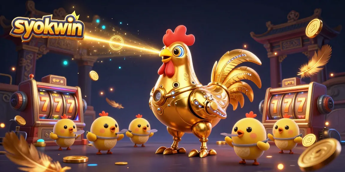 Engage with syokwin's vibrant online casino, featuring a futuristic golden rooster and dynamic game elements.