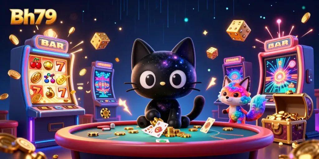 Experience the thrills of Bh79 casino with a captivating cosmic scene filled with slots, dice, and vibrant characters.
