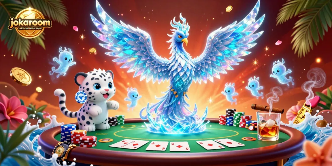 Engage with jokaroom real money casino games in a vibrant 3D illustration featuring a magical phoenix and playful casino elements.