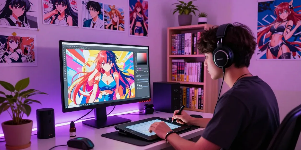 Dynamic artist creating ai ecchi illustrations in a vibrant workspace, showcasing creative technology.