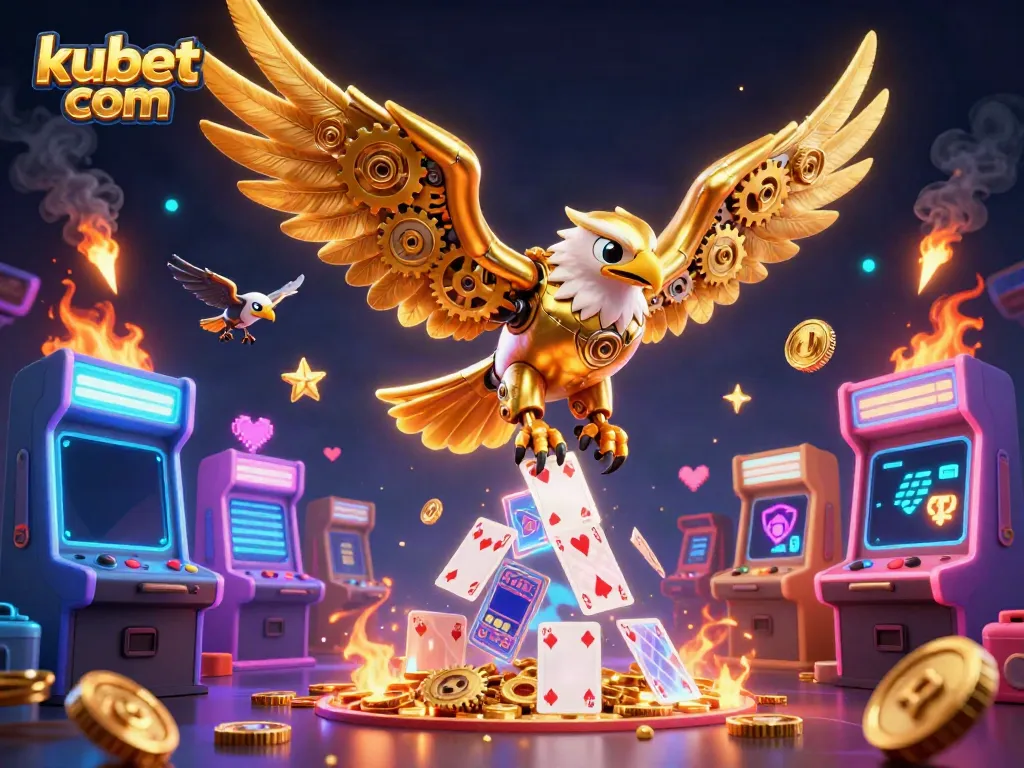 Engage with kubet com's vibrant casino scene featuring a cybernetic eagle and arcade elements.