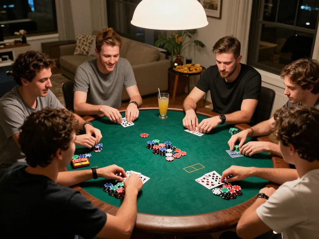 Engaging poker night with friends strategizing for m88.com login, colorful chips on the table.