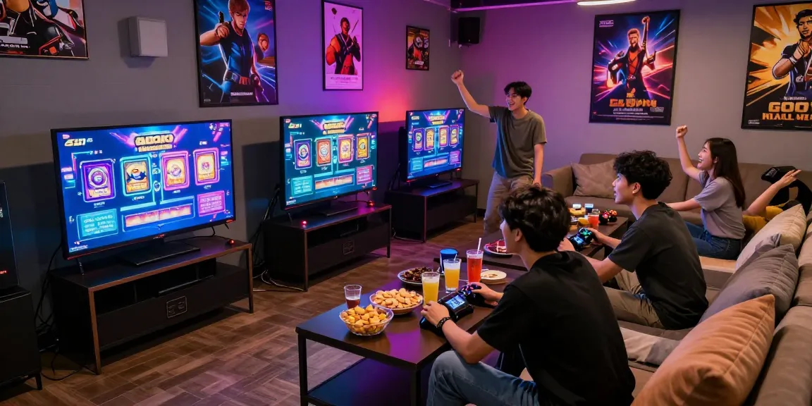 Friends enjoying an exciting slot gacor malam ini gaming night with vibrant screens and snacks.