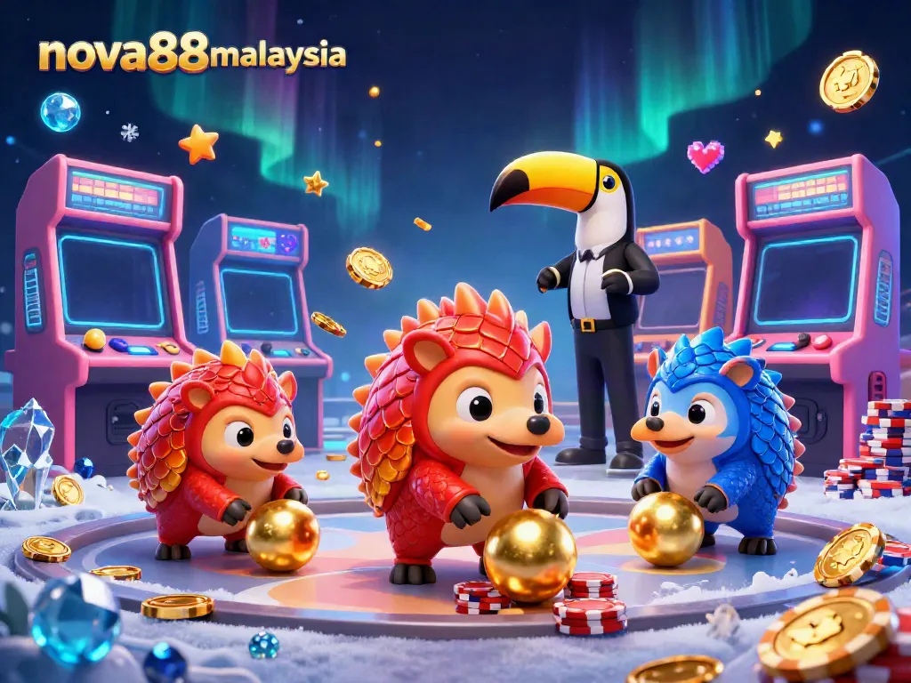 Experience the thrill of nova88malaysia in this dynamic 3D casino scene with vibrant pangolins and gaming elements.