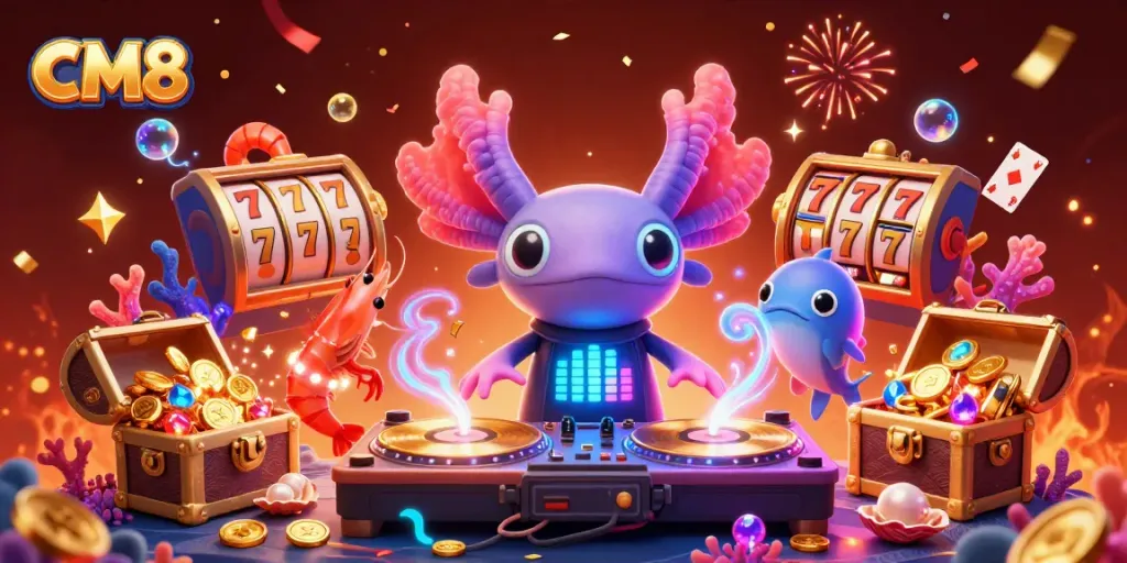 Engage with CM8's vibrant 3D illustration featuring a neon axolotl DJ amidst lively casino elements.