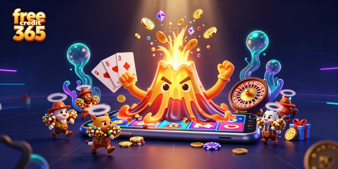 Experience the thrill of free credit 365 with a golden volcano erupting coins as tiny explorers grab treasures.