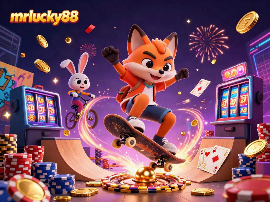 Experience the thrill of mrlucky88 with a vibrant 3D casino scene featuring exciting characters and games.
