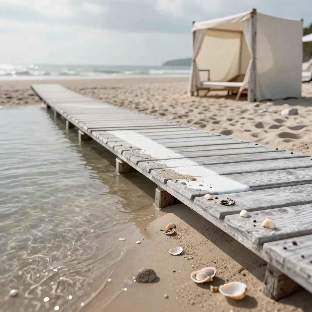 Ramp kayu ke teluk pantai tenang dengan cabana putih dan air cetek berkilau.