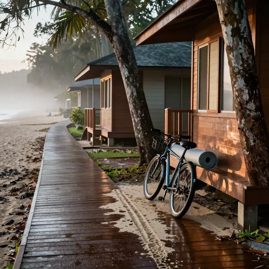 Laluan chalet kayu basah di Cherating dengan basikal bersandar dan tikar pantai, selepas hujan subuh.