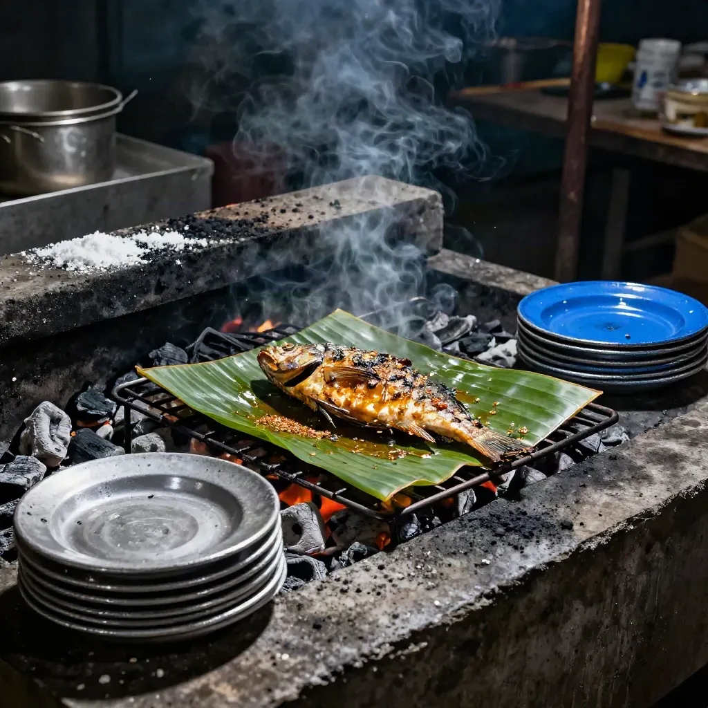 Gerai ikan bakar terbuka dengan ikan berkilat di atas daun pisang dan asap arang