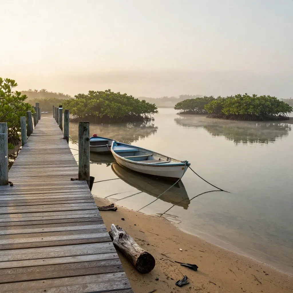 Jetty Cherating waktu pagi, air tenang, bot tertambat dan paya bakau berkabus.