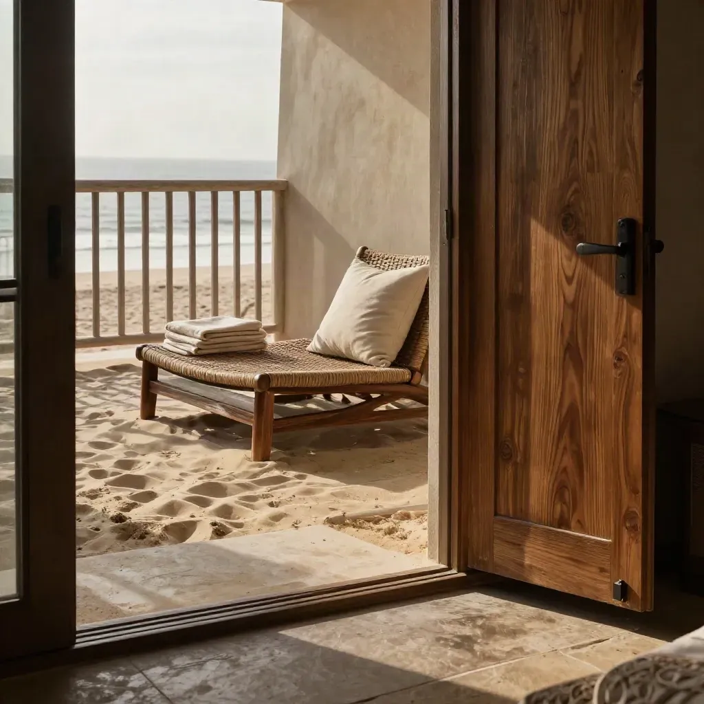 Bilik resort menghadap pasir dengan kerusi balkon teduh dan cahaya petang hangat.