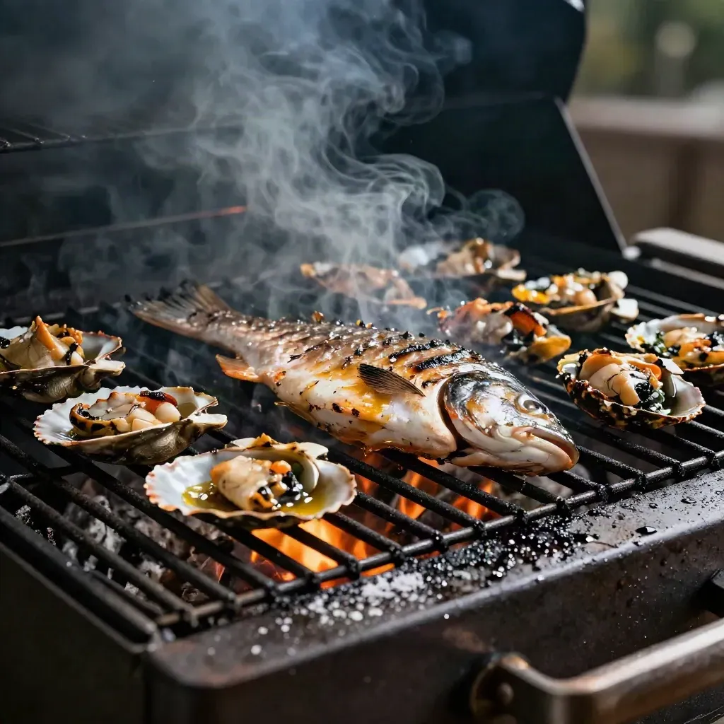 Ikan bakar di atas arang dengan asap tebal dan kilat minyak panas
