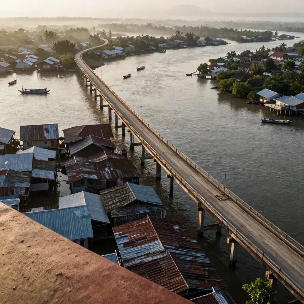 Jambatan Pulau Duyung melengkung di atas rumah atas tiang dan bot nelayan dalam kabus subuh.