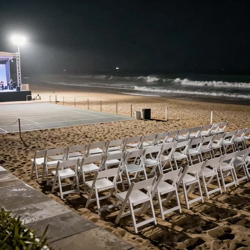 Kerusi kosong, pentas kecil bercahaya dan semburan ombak di pantai waktu malam.