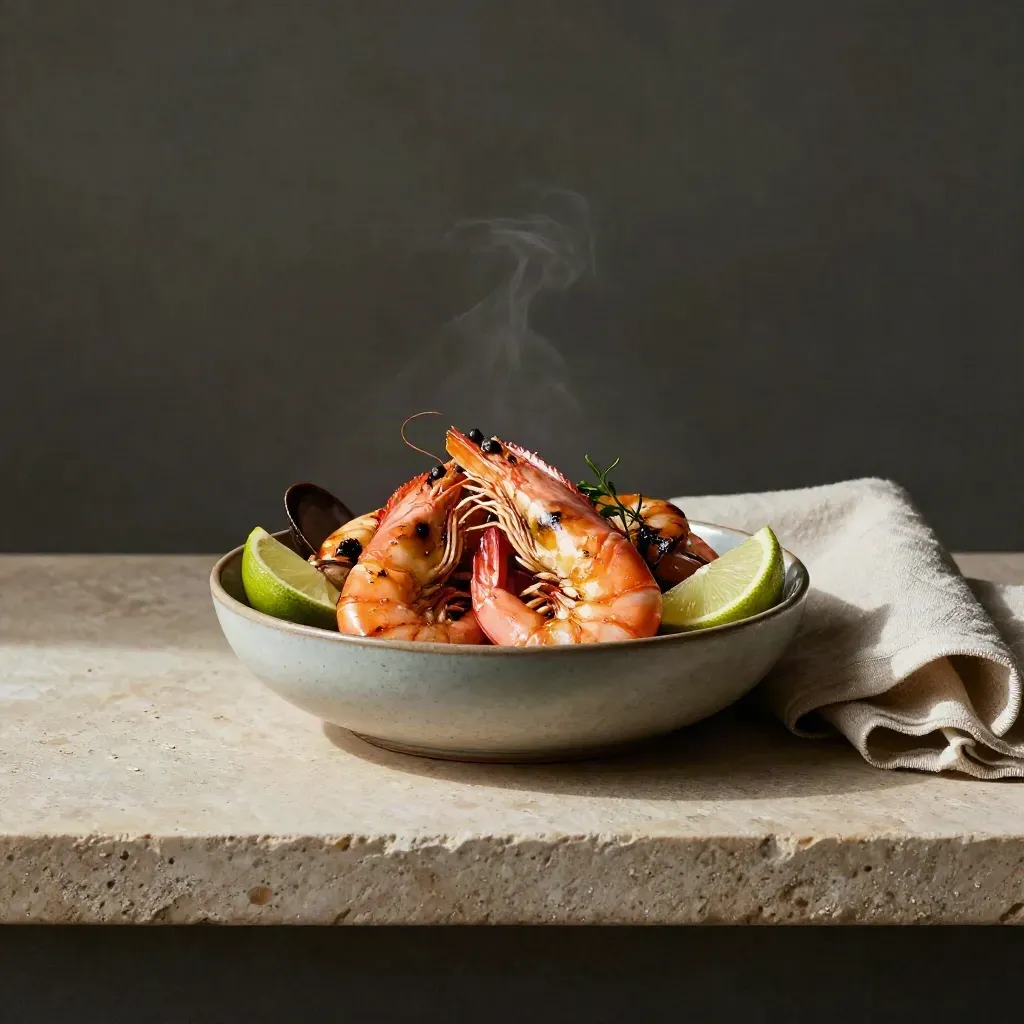 Pinggan makanan laut dengan udang bakar, limau nipis dan mangkuk seramik di atas batu.