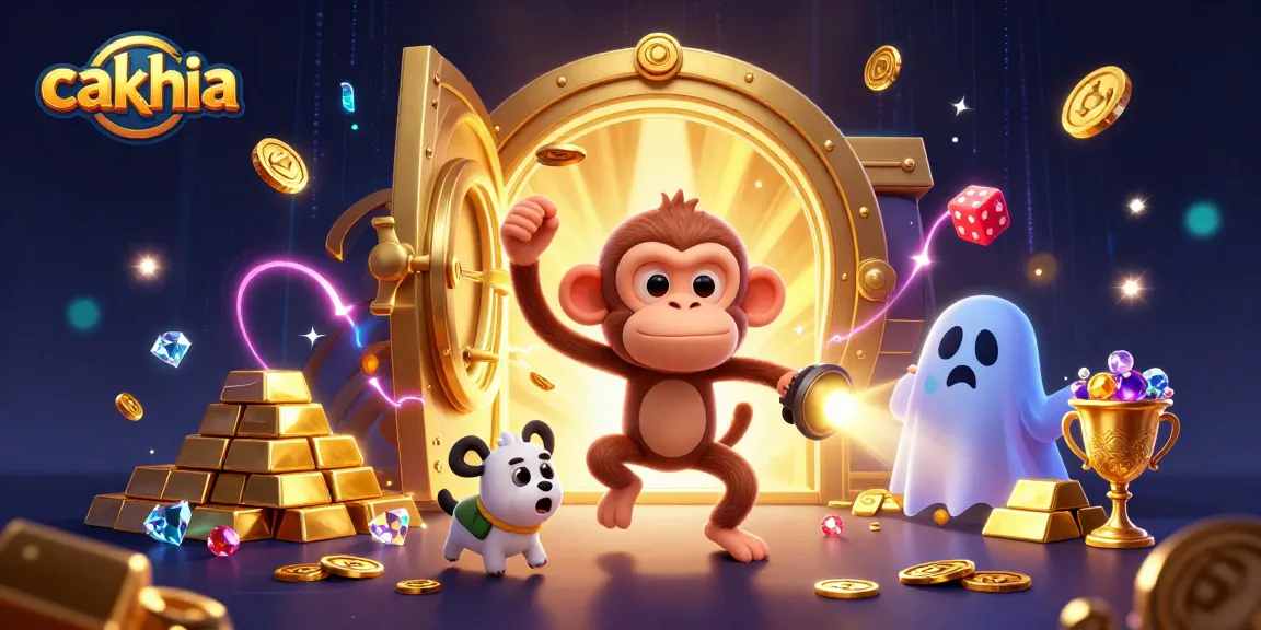 Cakhia platform features playful poltergeist monkey juggling golden casino elements, enticing gamblers
