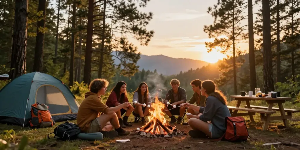 Explore exciting camping gear at https://www.anniescollections.com during a sunset campfire gathering.