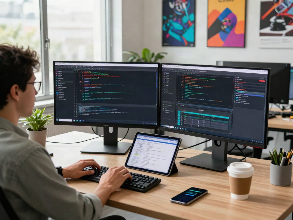 Software engineer coding in a modern office, showcasing rokok88 alternatif developments.