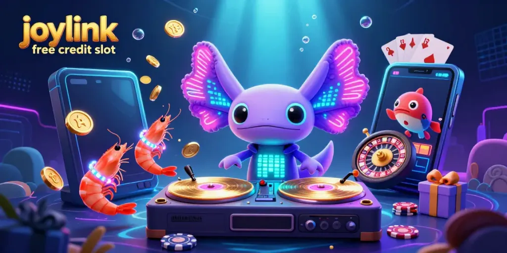 Engage with joylink free credit slot through a vivid scene of a neon axolotl DJ and neon underwater casino elements.